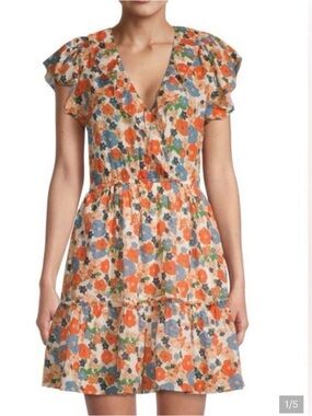 Trovata Floral V-Neck Mini Dress - Orange & Blue
